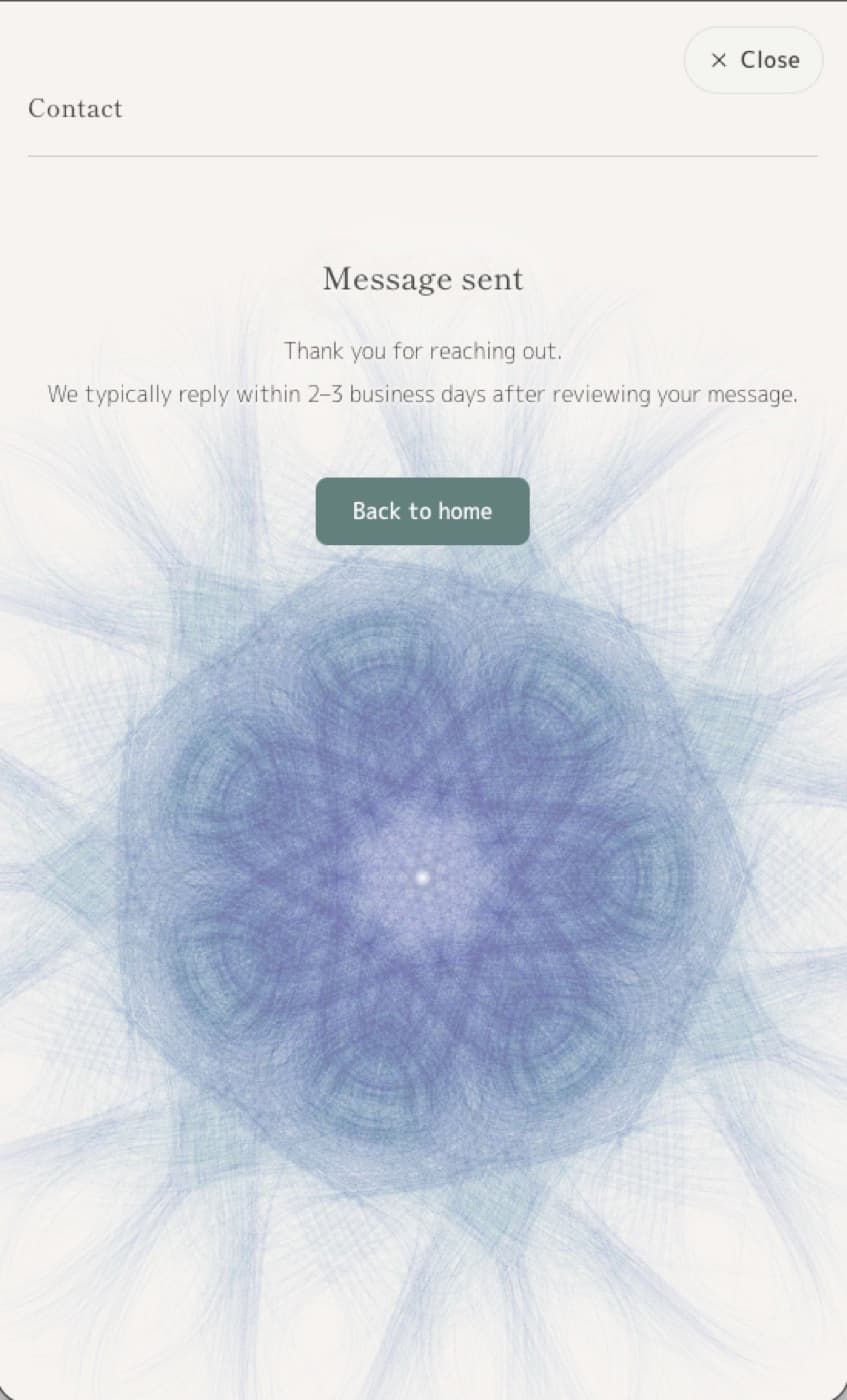 Message sent screen with a generative mandala drawn on success